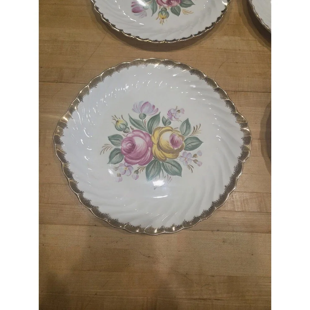 Vintage Royal Swirl Fine China Pink Yellow Rose Dinner Plates Set 4 Handled